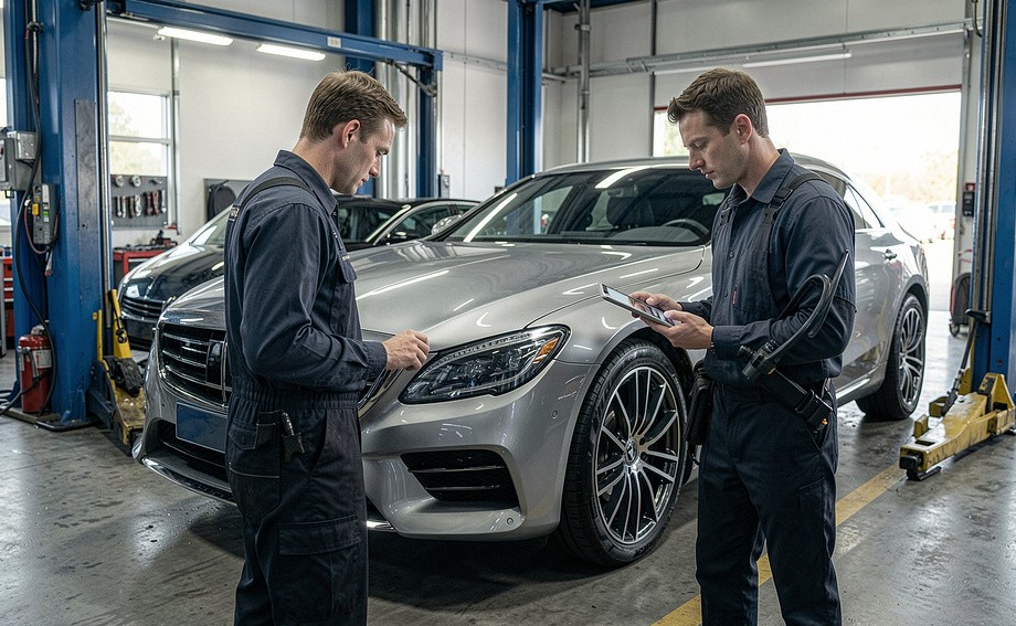 Supervisor de estética automotriz revisando un servicio en sitio